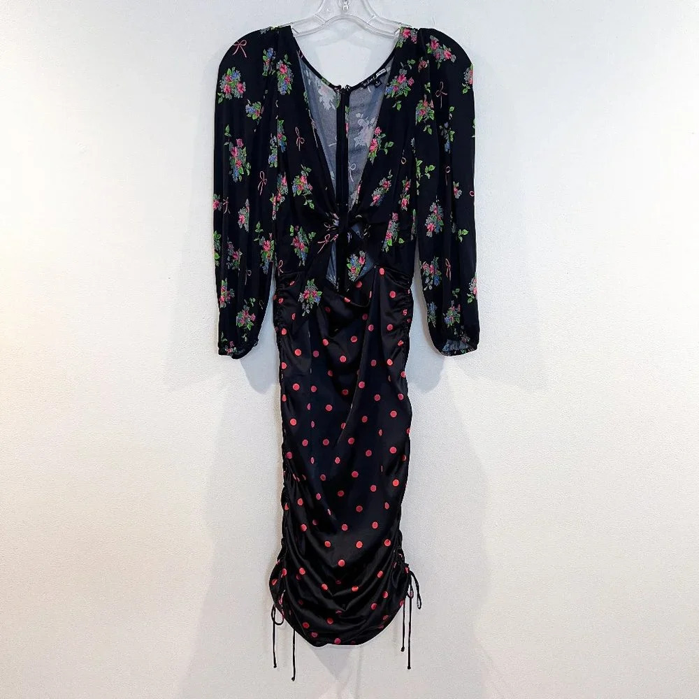 For Love & Lemons Black Satin Floral Bow Polka Dot Cutout Bodycon Midi Dress S - Picture 2 of 12